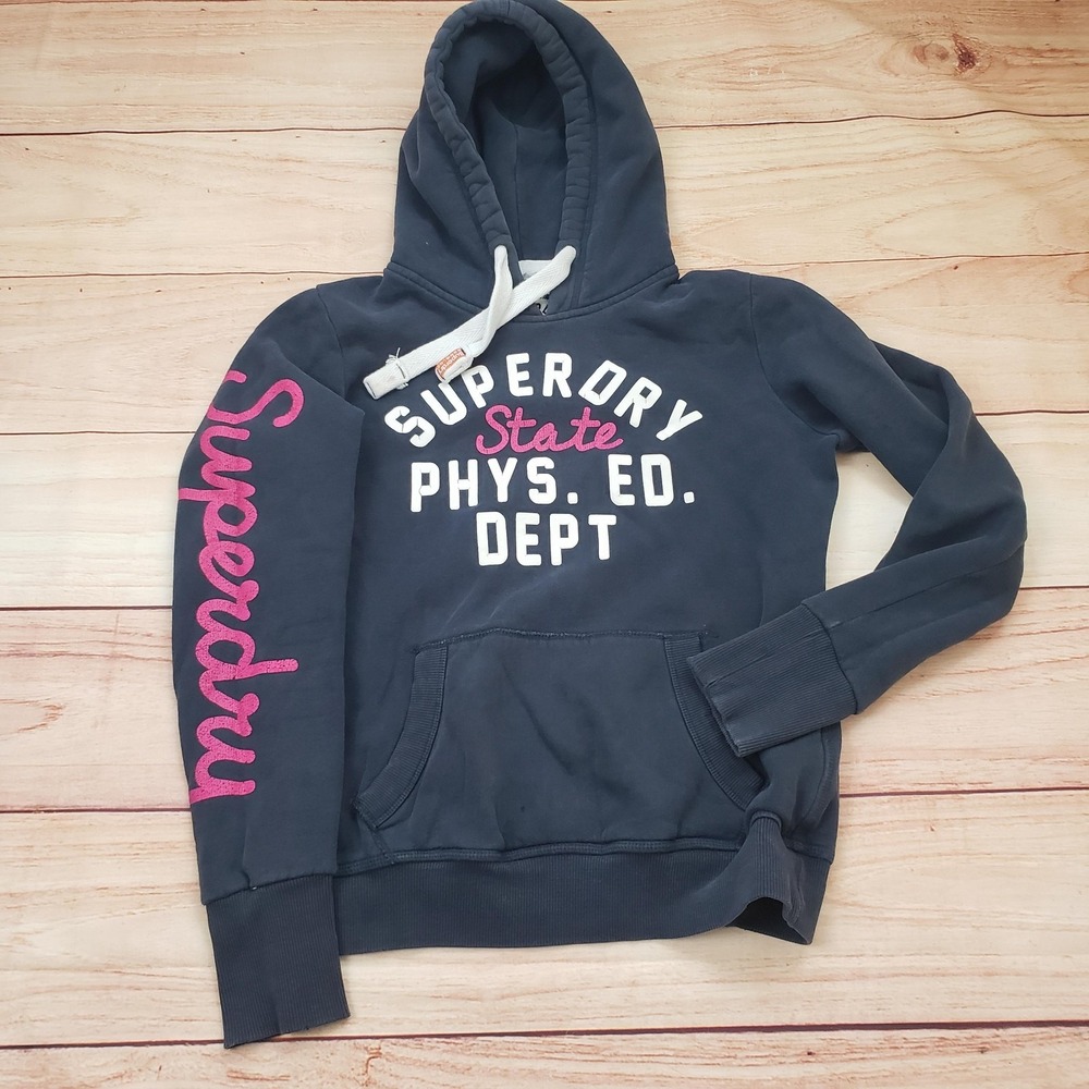 Superdry Hoodie Womens Medium Blue Phys Ed Pullover Fleece Graphic Sweatshirt